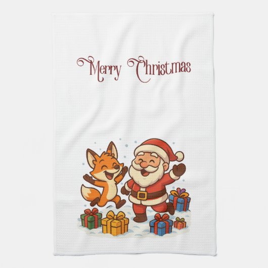 Fox and Santa Christmas Kitchen Towels キッチンタオル (縦)