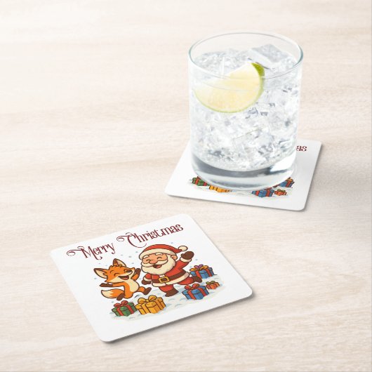Fox and Santa Christmas Paper Coaster スクエアペーパーコースター (インサイチュ)