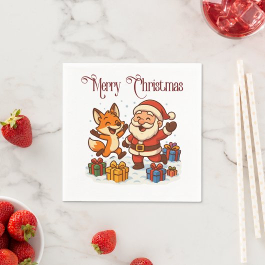 Fox and Santa Christmas Paper Napkin スタンダードカクテルナプキン (インサイチュ)