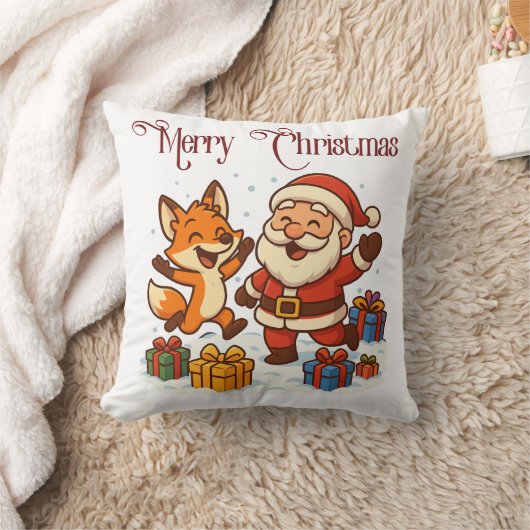 Fox and Santa Christmas Throw Pillow クッション (ブランケット)
