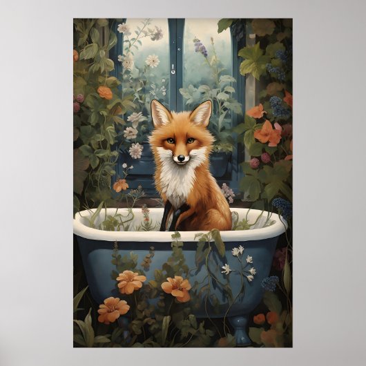 Fox Bathroom Print, Fox Tub Flower Bath Bathtub ポスター (正面)