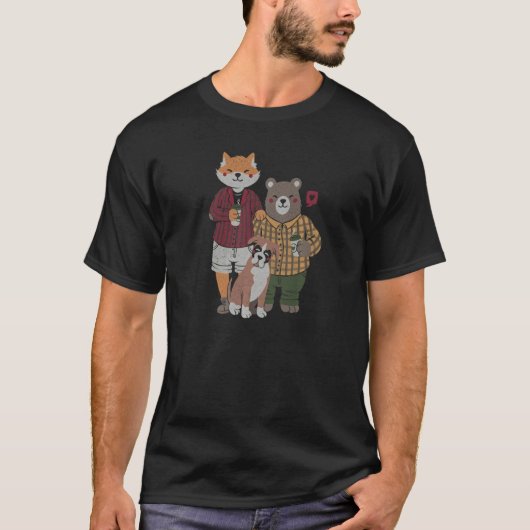 Fox Bear Drink Coffee Cute Animals Family Valentin Tシャツ (正面)