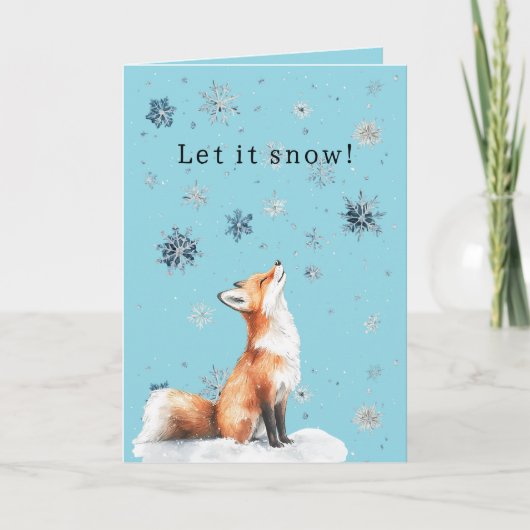 Fox Blue Snowflakes Christmas Let it Snow カード (正面)