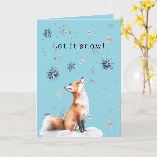Fox Blue Snowflakes Christmas Let it Snow カード (黄色い花)