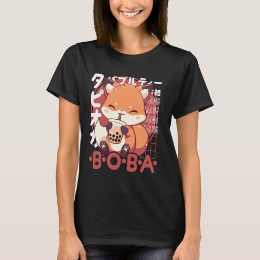 Fox Boba Tea Kawaii Bubble Tea Fox Anime Neko Red  Tシャツ (正面)