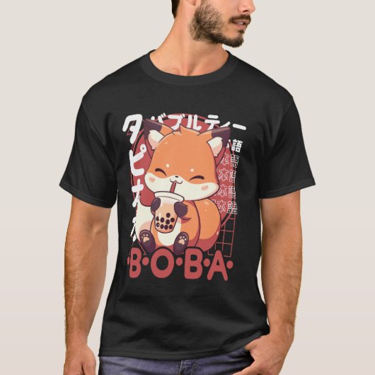Fox Boba Tea Kawaii Bubble Tea Fox Anime Neko Red  Tシャツ (正面)