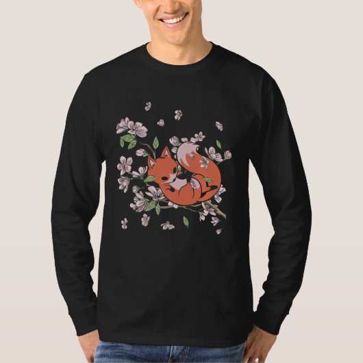 Fox Cherry Blossom Foxes Japanese Flower Sakura Tシャツ (正面)