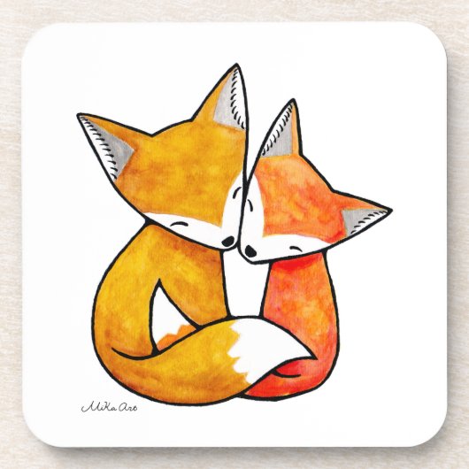 Fox Couple Snuggling Original Watercolor Art  コースター (正面)