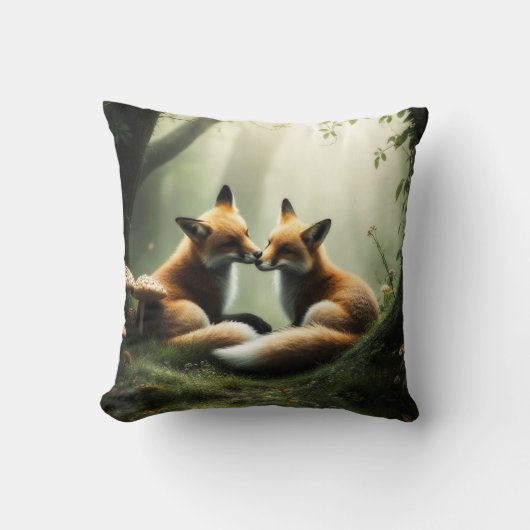 Fox Cuddle in Misty Forest  クッション (正面)