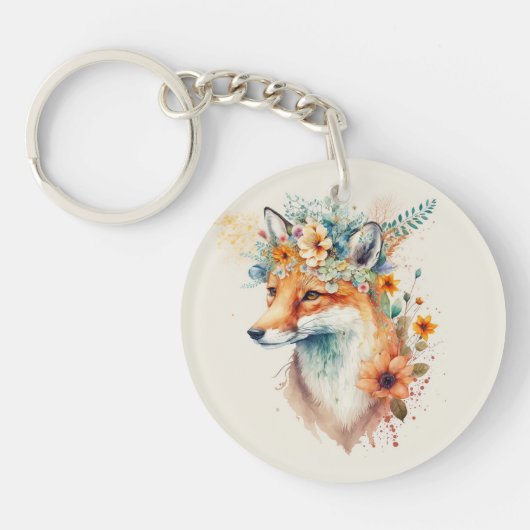 Fox Flower Crown Watercolor                        キーホルダー (正面)