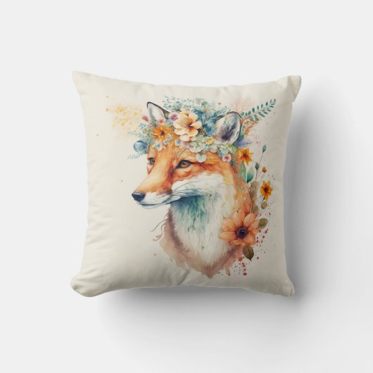 Fox Flower Crown Watercolor                      クッション (正面)