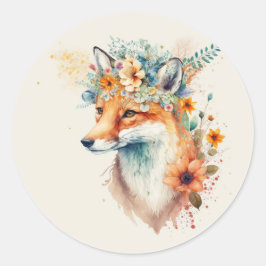 Fox Flower Crown Watercolor         ラウンドシール