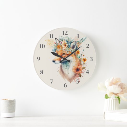Fox Flower Crown Watercolor          ラージ壁時計 (ホーム)