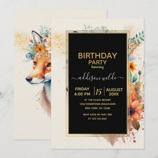 Fox Flower Crown Watercolor                        招待状 (正面/裏面)