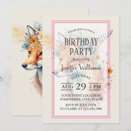 Fox Flower Crown Watercolor                        招待状 (正面/裏面)