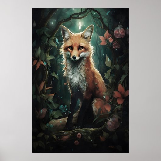 Fox In Magic Flower Forest Print, Dark Academia ポスター (正面)