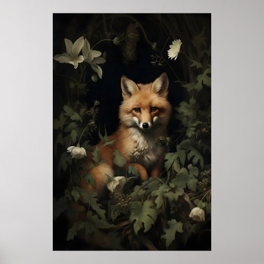 Fox In Moody Forest Print, Fox Botanical Print ポスター (正面)