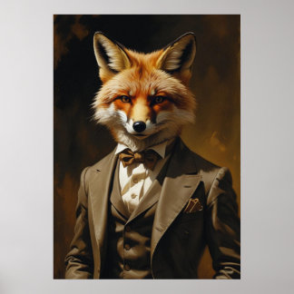 Fox in Suit Art Print Funny Animal Wall Poster ポスター