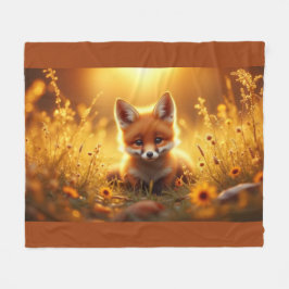 Fox in the flowers at sunrise フリースブランケット