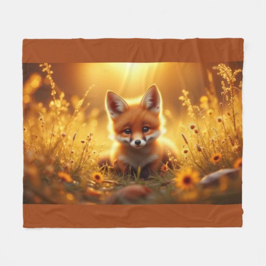 Fox in the flowers at sunrise フリースブランケット (正面(横))