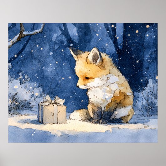 Fox Kitとギフトの水彩画 ポスター (正面)