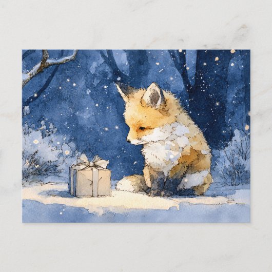 Fox Kitと贈り物の水彩画 ポストカード (正面)