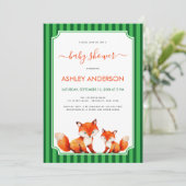 Fox Mama and Baby Shower Green Stripes Cute 招待状 (スタンド正面)