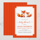 Fox Mama and Baby Shower Watercolor & Red Stripes 招待状 (正面/裏面)