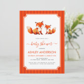 Fox Mama and Baby Shower Watercolor & Red Stripes 招待状 (スタンド正面)