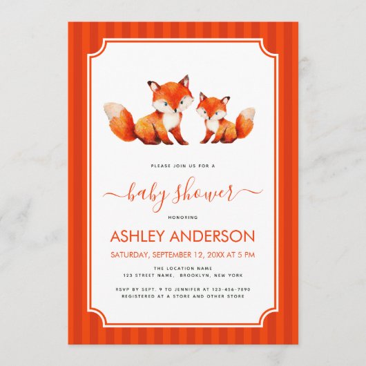 Fox Mama and Baby Shower Watercolor & Red Stripes 招待状 (正面)