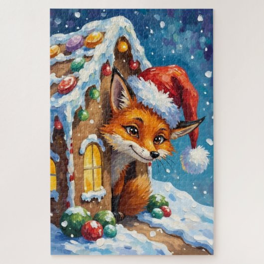 Fox Peeking from Gingerbread House Hat ジグソーパズル (縦)