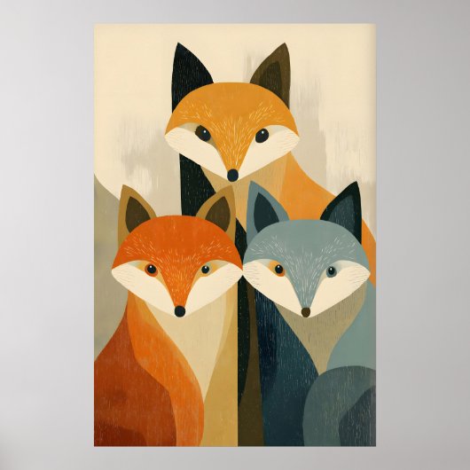 Fox Trio Art Print, Stylized Faces, Orange and ポスター (正面)