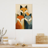 Fox Trio Art Print, Stylized Faces, Orange and ポスター (キッチン)