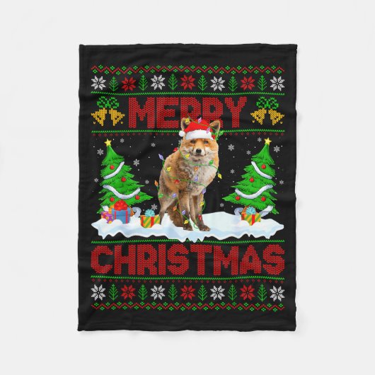 Fox Ugly Xmas Sweater Funny Fox Animal Merry Chris フリースブランケット (正面)