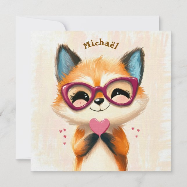Fox Valentine's Day Heart Badge Kids School (正面)
