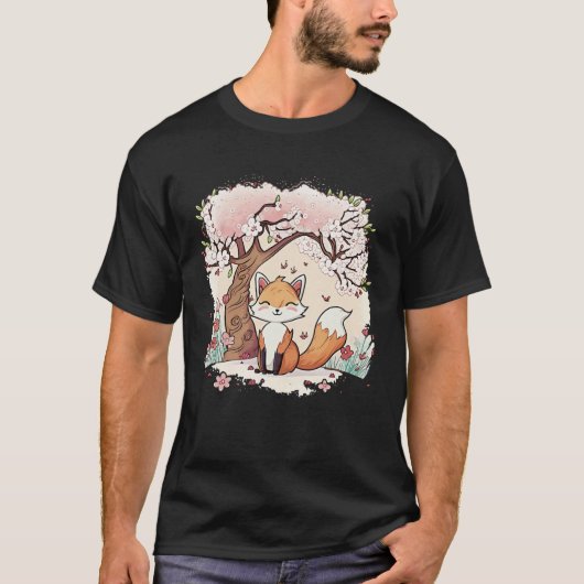 Fox Vaporwave Under Cherry Blossom Japanese Aesthe Tシャツ (正面)
