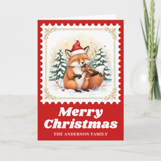 Fox Violin Retro Postage Stamp Christmas シーズンカード (正面)
