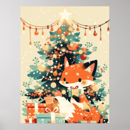 Fox with Christmas Tree and Gifts ポスター