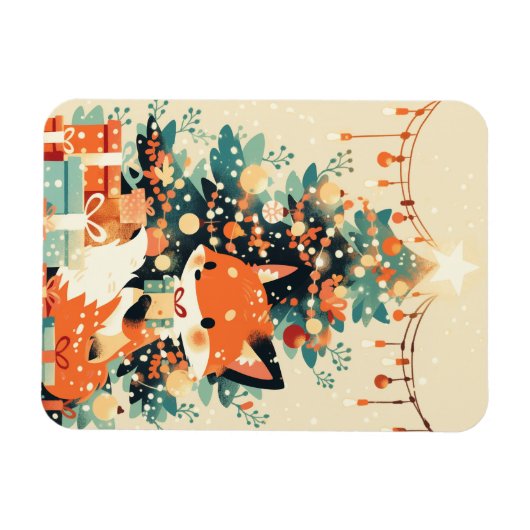 Fox with Christmas Tree and Gifts マグネット (横)