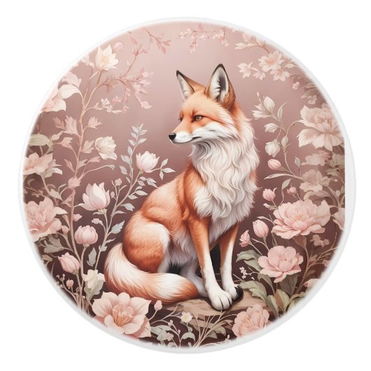 Fox With Dreamy Pink Floral セラミックノブ (正面)