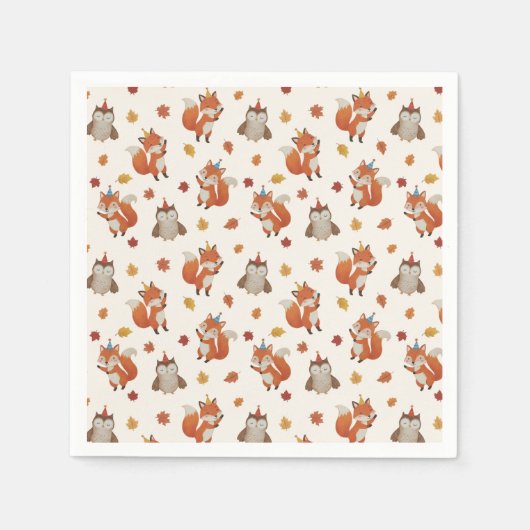 Foxes and Owl Woodland Fall Kids Birthday Party スタンダードカクテルナプキン (正面)