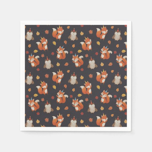 Foxes and Owl Woodland Fall Kids Birthday Party スタンダードカクテルナプキン (正面)