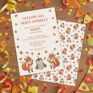 Foxes and Owl Woodland Fall Kids Birthday Party 招待状