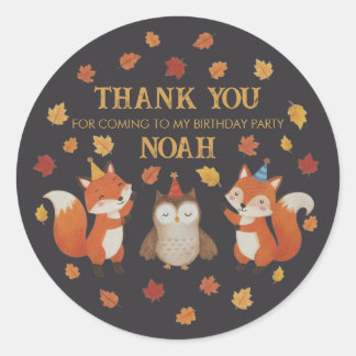 Foxes and Owl Woodland Fall Kids Birthday Sticker ラウンドシール