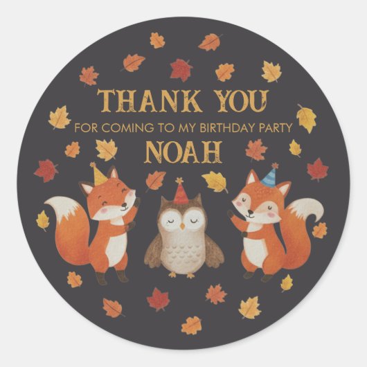 Foxes and Owl Woodland Fall Kids Birthday Sticker ラウンドシール (正面)