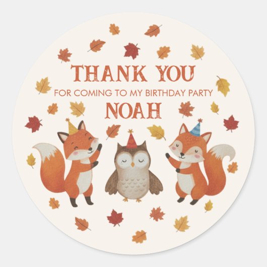 Foxes and Owl Woodland Fall Kids Birthday Sticker ラウンドシール (正面)