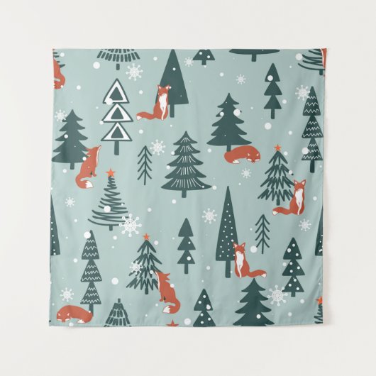 Foxes, fir-trees, snow, hand drawn. Colorful seaml タペストリー (正面)