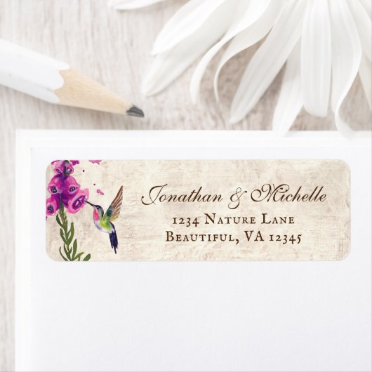 Foxgloveの花とハミングバードのガーデンアドレス ラベル (インサイチュ)