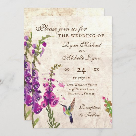 Foxglove花とハミングバード庭園の結婚式 招待状 (正面/裏面)