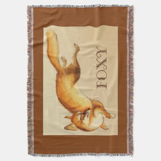 "Foxy" – キツネ日本ののヴィンテージスケッチ スローブランケット (正面縦)